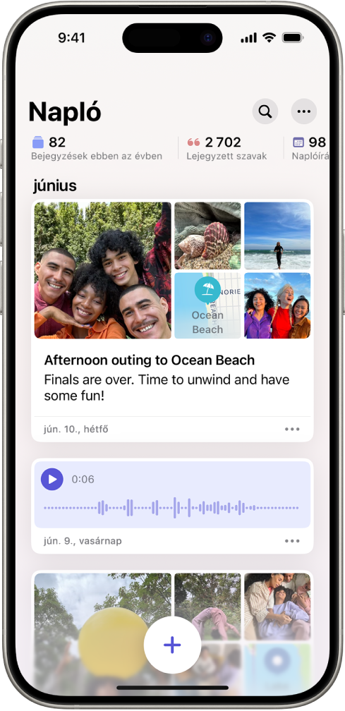 A naplóbejegyzések képernyője, amelynek jobb felső részén a Keresés gomb látható.