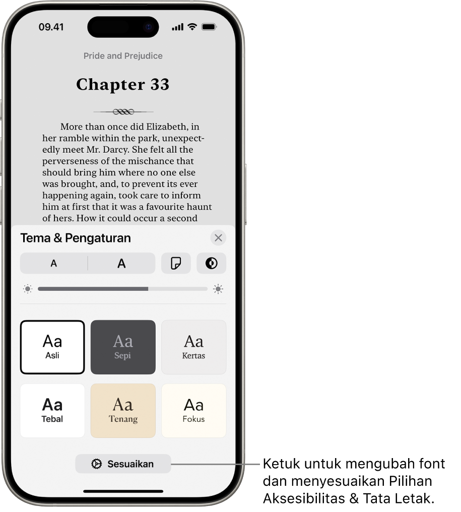 Halaman buku di app Buku. Pilihan Tema & Pengaturan menampilkan kontrol untuk ukuran font, tampilan pengguliran, gaya membalik halaman, kecerahan, dan gaya font.