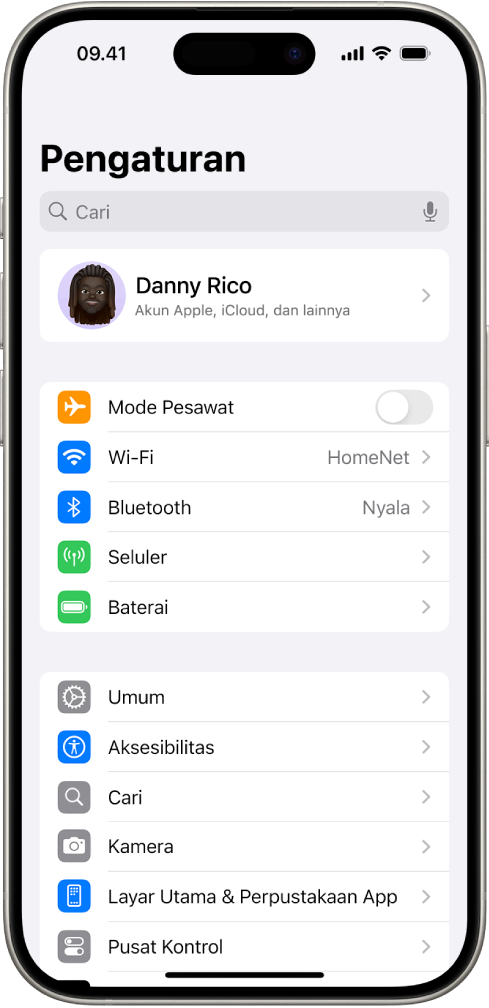 Layar Pengaturan menampilkan bahwa iPhone terhubung ke jaringan Wi-Fi yang disebut HomeNet.