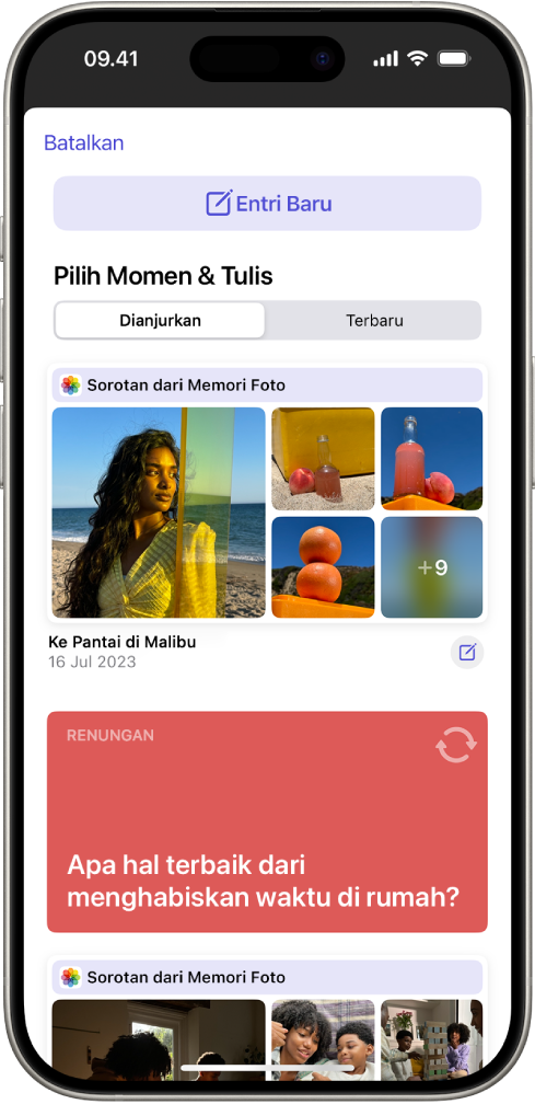 Layar menampilkan tombol Entri Baru di bagian atas dan saran penjurnalan di bawah.