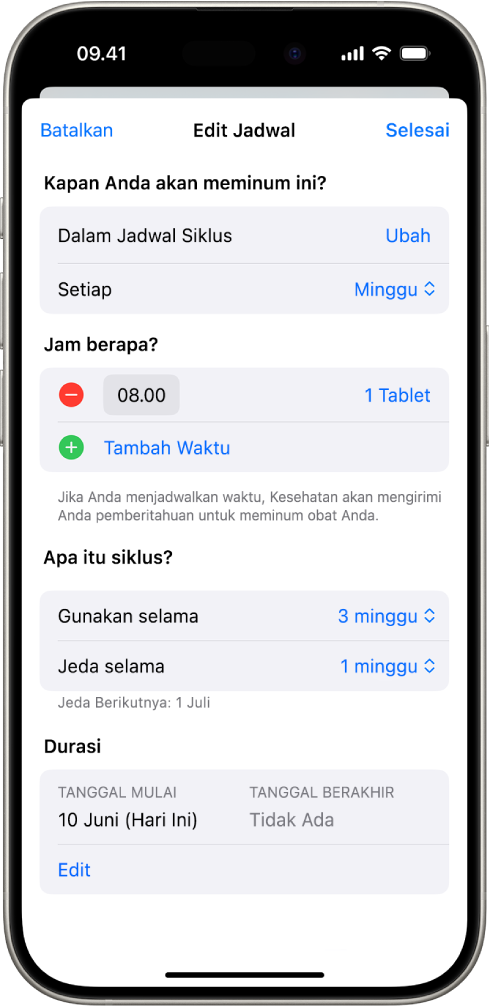 Layar Pengobatan di Kesehatan yang menampilkan pilihan untuk mengubah jadwal pengobatan.