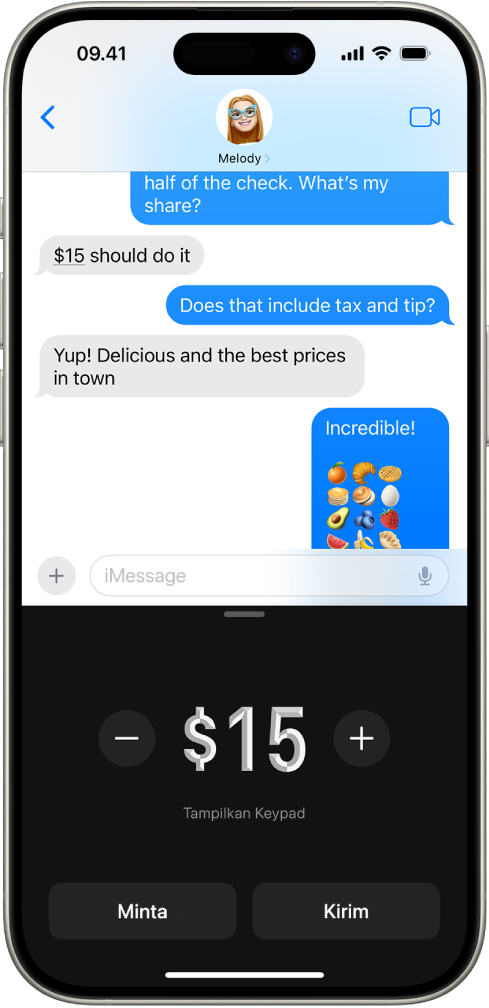 Percakapan iMessage dengan Apple Pay dibuka di bagian bawah.