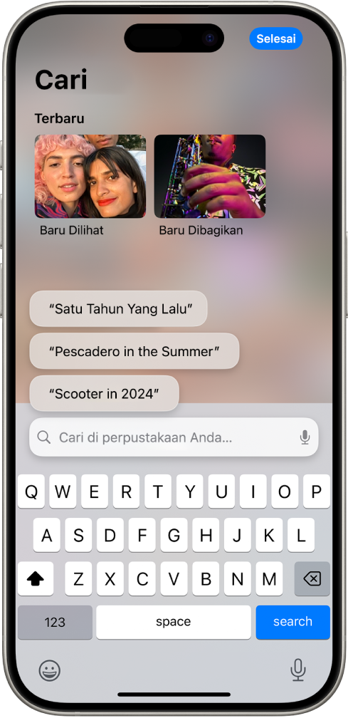 Layar Pencarian di app Foto. Di bagian atas layar terdapat baru dilihat atau item bersama, yang diikuti oleh pencarian yang disarankan, lalu bidang pencarian.
