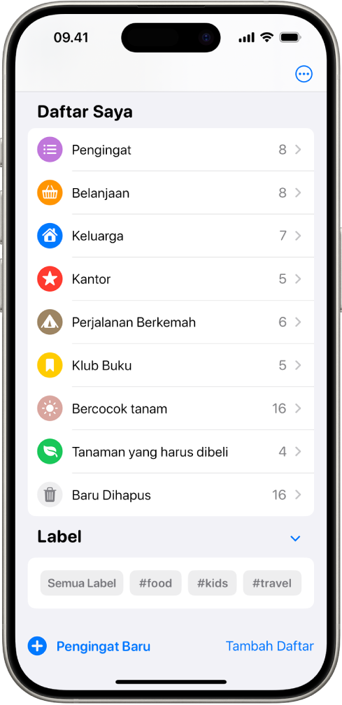 Layar Pengingat menampilkan beberapa daftar dan Browser Label di bagian bawah.