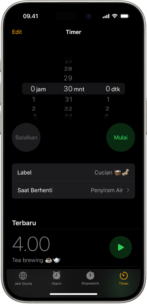 Layar untuk menambahkan timer, dengan pengaturan untuk mengatur timer, dan tombol untuk memulai timer yang baru dibuat.