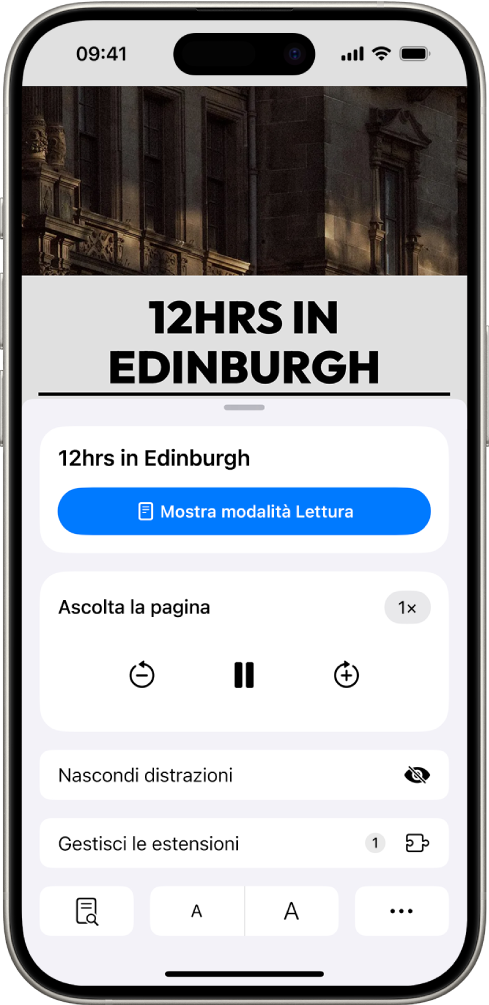 Un sito web aperto in Safari. Il pulsante “Impostazioni pagina” è selezionato e vengono mostrati i controlli per l’ascolto.