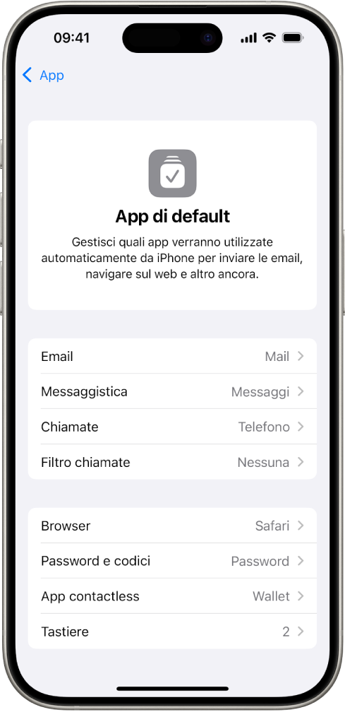 La schermata per modificare le app di default per inviare email, navigare sul web e altro ancora.