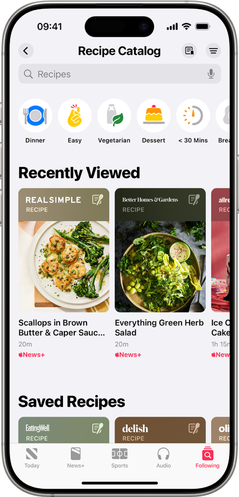 L’opzione di ricerca delle ricette in Apple News+.