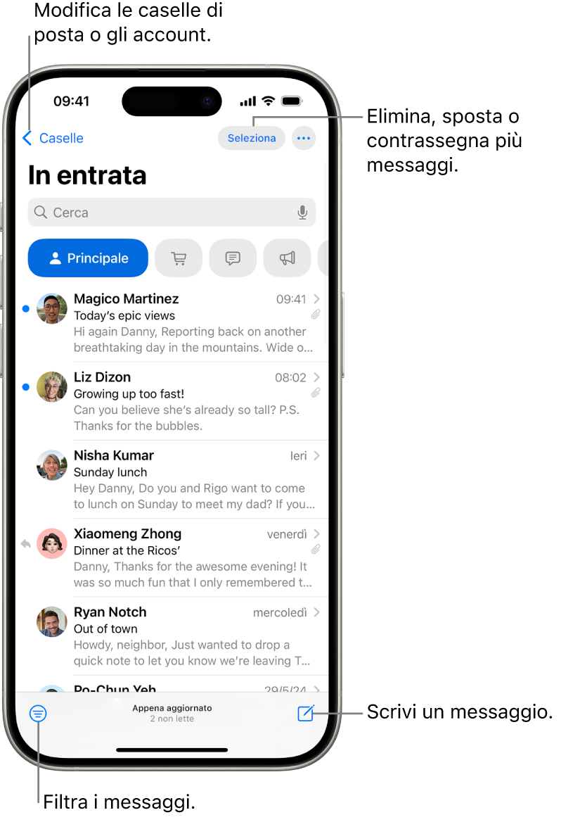 La casella Entrata di Mail che mostra un elenco di email.