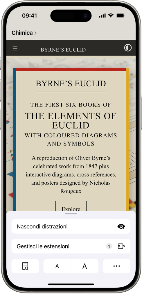 In Safari, il pulsante delle impostazioni della pagina su un sito web viene toccato, mostrando alcune opzioni tra cui anche “Gestisci estensioni” vicino alla parte inferiore dello schermo.