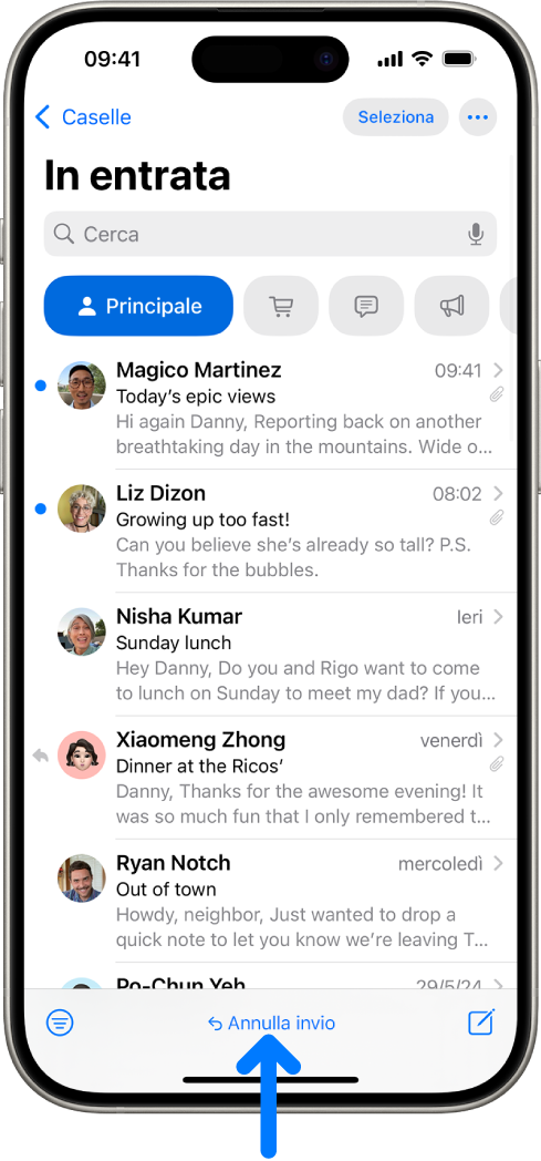 La casella di posta in entrata con un elenco di messaggi. Il pulsante “Annulla invio” (per annullare l’invio di un messaggio email inviato di recente) si trova al centro della parte inferiore dello schermo.
