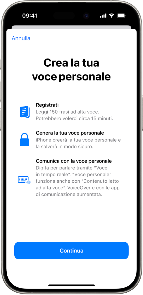 iPhone che mostra informazioni su come creare la voce personale.