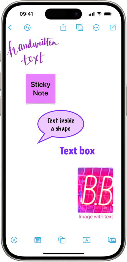 Экранның төменгі жағындағы түймелерге сәйкес сызба, стикер, пішін, мәтін ұясы және суреті бар Freeform тақтасы.