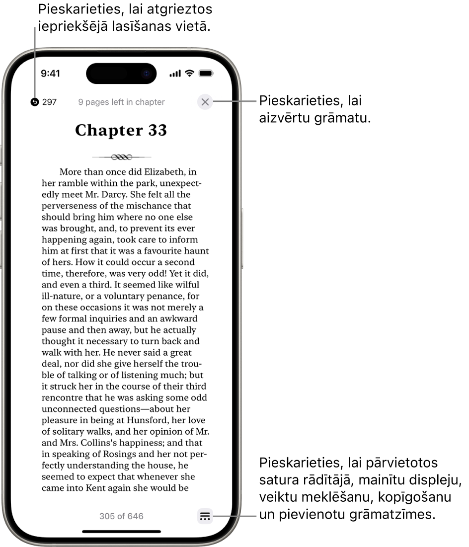 Grāmatas lappuses lietotnē Books. Ekrāna augšdaļā ir pogas, lai atgrieztos lappusē, kurā sākāt lasīšanu, kā arī pogas grāmatas aizvēršanai. Ekrāna apakšējā labajā stūrī ir poga Menu.