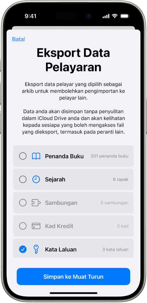 Skrin Eksport Data Pelayaran dengan pilihan Kata Laluan dipilih untuk mengeksport ke pengurus kata laluan lain.