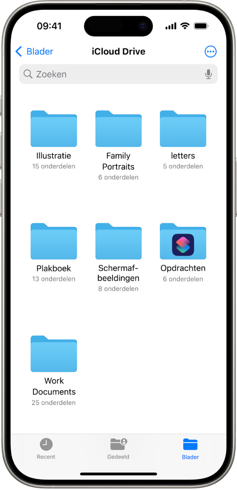De Bestanden-app met meerdere mappen op iCloud Drive met de naam 'Illustraties', 'Familieportretten', 'Brieven', 'Plakboek', 'Schermafbeeldingen', 'Opdrachten' en 'Werkdocumenten'. Onder in het scherm staan de knoppen 'Recent' en 'Gedeeld' en de tab 'Blader'.