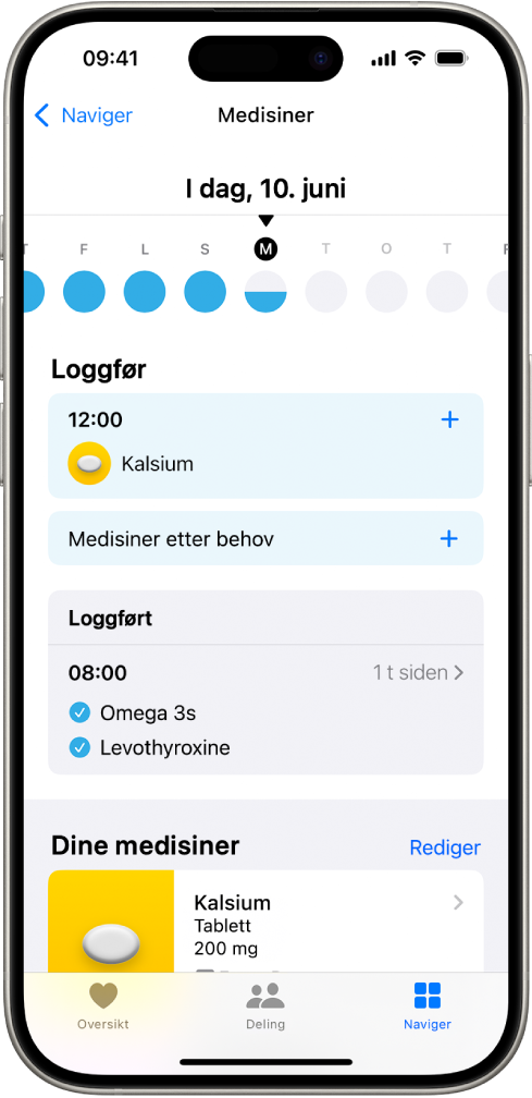 Medisiner-skjermen i Helse, som viser dato og en logg for medisinene dine.