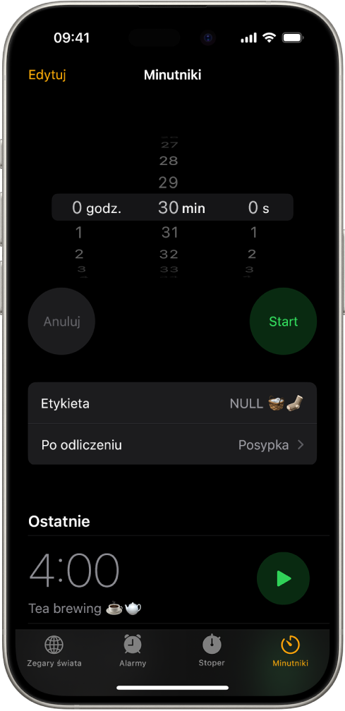 Ekran dodawania minutnika. Widoczne są ustawienia minutnika oraz przycisk umożliwiający uruchomienie ostatnio utworzonego minutnika.