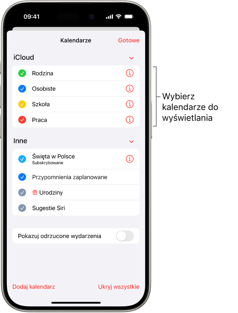 Lista kalendarzy. Kalendarze aktywne są oznaczone na niej znakiem zaznaczenia. W prawym górnym rogu znajduje się przycisk Gotowe, który pozwala zamknąć listę.