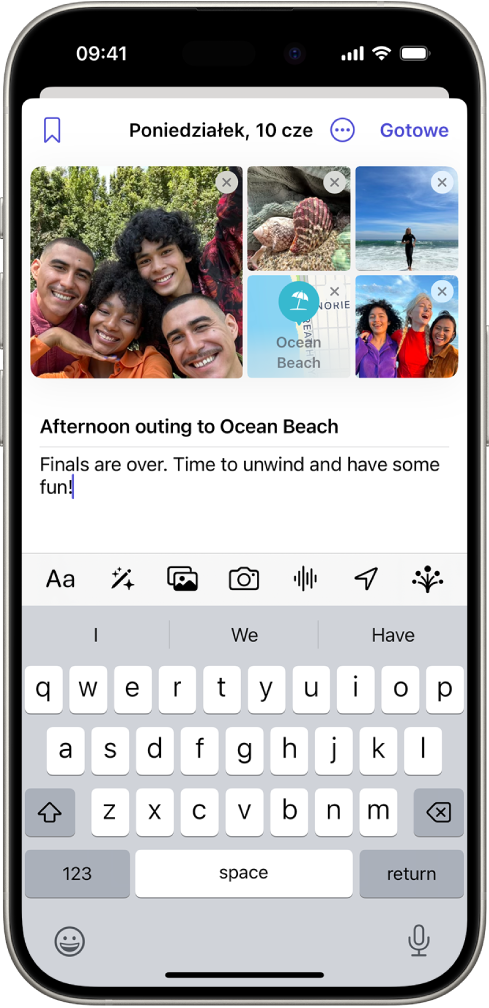 Ekran wyświetlający przycisk Nowy wpis (u góry) oraz sugerowane chwile widoczne poniżej.