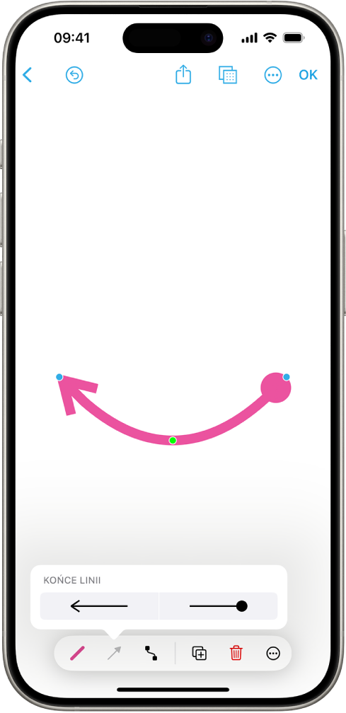 Linia łącząca na tablicy friform. Widoczne są niebieskie i zielone kropki umożliwiające zmianę kształtu i kąta.