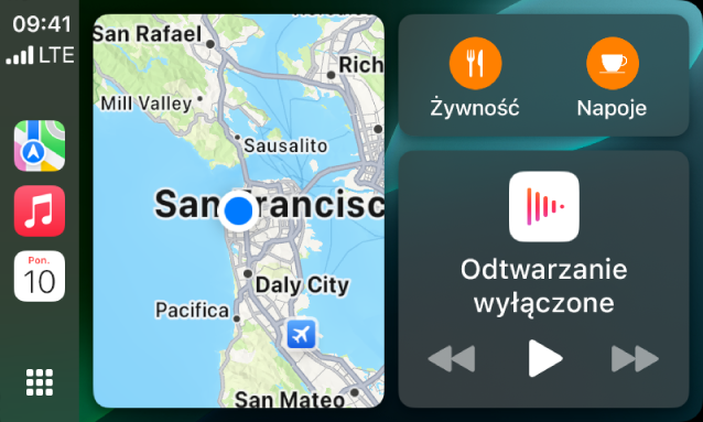 Pulpit CarPlay z widocznymi na pasku bocznym ikonami aplikacji Mapy, Muzyka i Wiadomości. Po prawej stronie widoczna jest mapa Apple Park, okno nawigacji oraz okno odtwarzania.