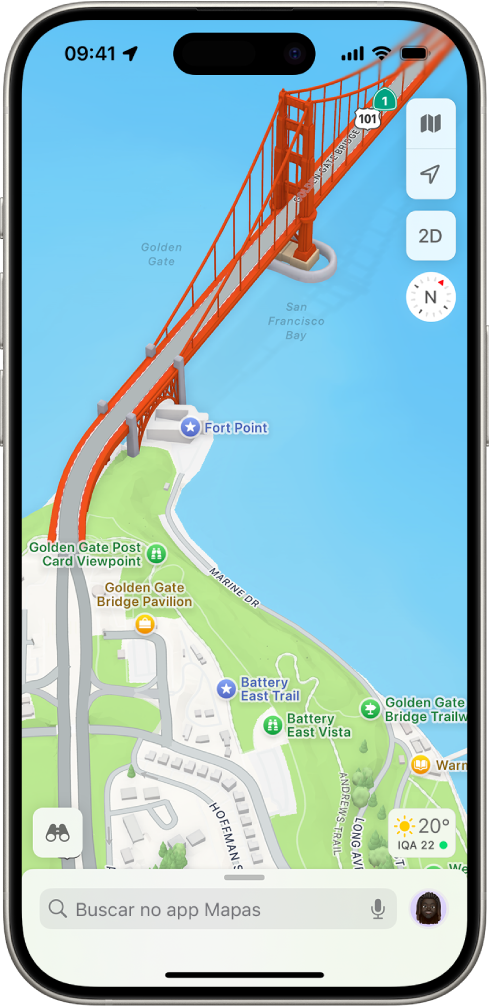 Um mapa 3D de rua e parque mostrando árvores, pontos de interesse e localizações, como banheiros.