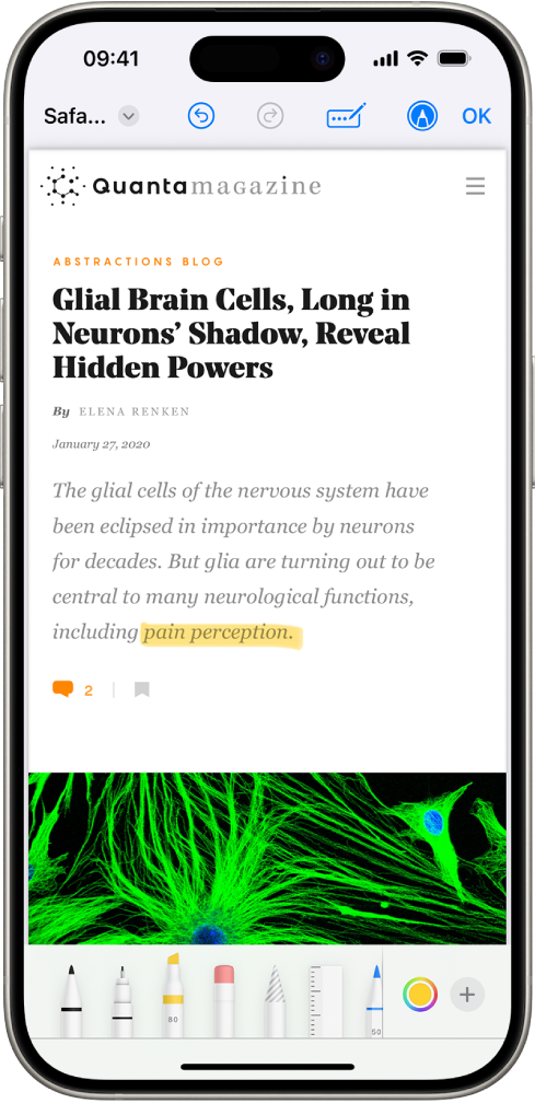 O PDF de uma página web está sendo anotado com as ferramentas de Marcação, que aparecem na parte inferior da tela. A página web tem uma seleção destacada.