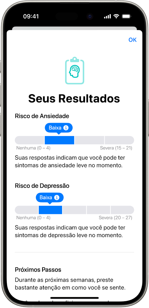 Tela no app Saúde mostrando os resultados de um questionário de saúde mental.