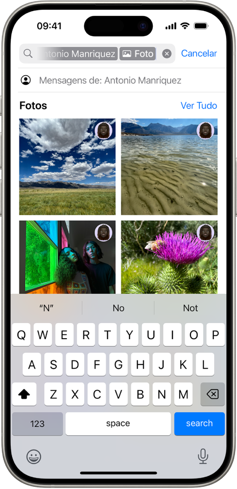 Campo de busca no app Mensagens. O campo de busca contém uma etiqueta que limita a busca às fotos enviadas por uma pessoa.