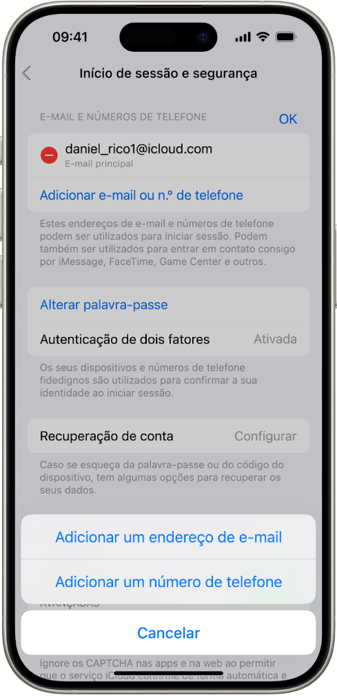 O ecrã “Início de sessão e segurança” nas Definições.