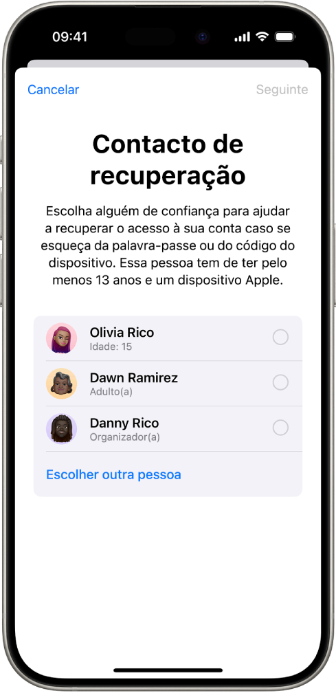 O ecrã “Adicionar contacto de recuperação”.