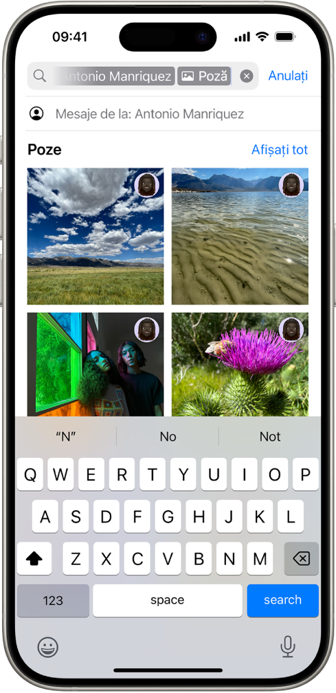Câmpul de căutare în aplicația Mesaje. Câmpul de căutare conține un tag care limitează căutarea la pozele trimise de o anumită persoană.