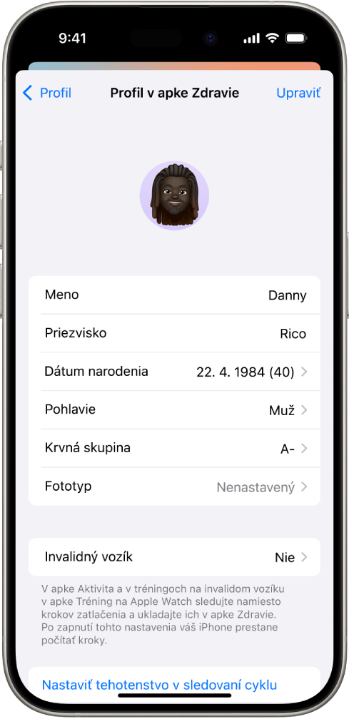 Obrazovka Profil v apke Zdravie s poľami pre meno, dátum narodenia, krvnú skupinu a ďalšie údaje.