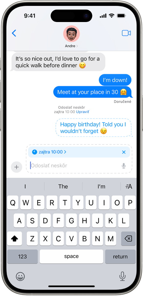 Konverzácia v apke Správy so správou naplánovanou na odoslanie neskôr.
