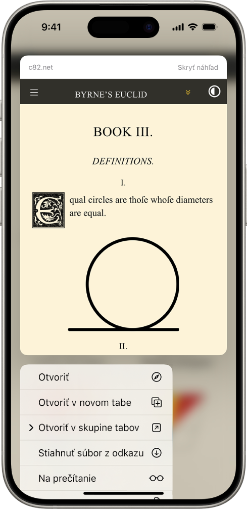 Náhľad webovej stránky, po ktorom nasleduje zoznam možných akcií: Otvoriť, Otvoriť v novom tabe, Otvoriť v skupine tabov, Stiahnuť súbor z odkazu a Pridať do zoznamu Na prečítanie.