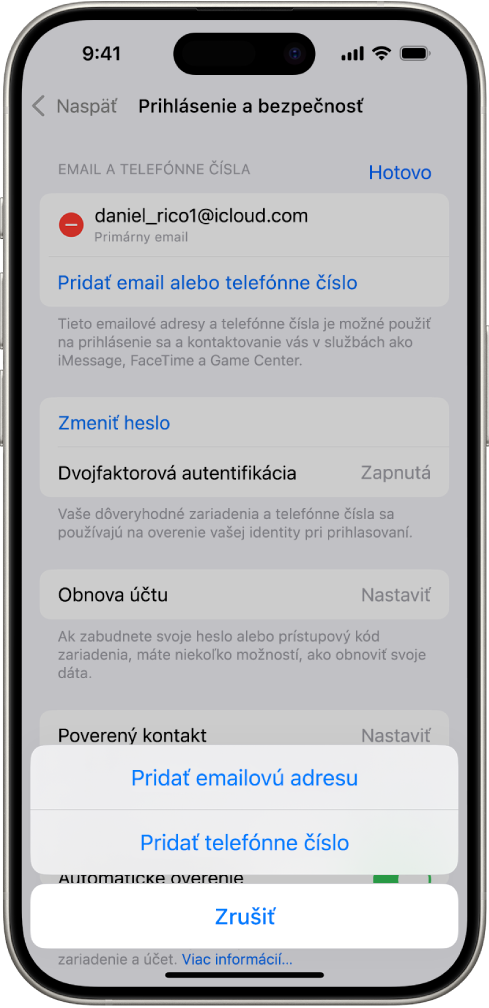 Obrazovka Prihlásenie a zabezpečenie v Nastaveniach.