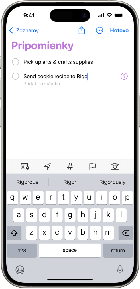 Apka Pripomienky zobrazujúca novú úlohu pridávanú do zoznamu pripomienok.
