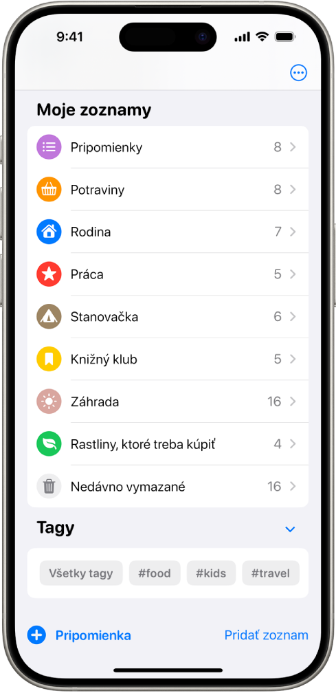 Apka Pripomienky zobrazujúca niekoľko zoznamov a Prehliadač tagov v spodnej časti.