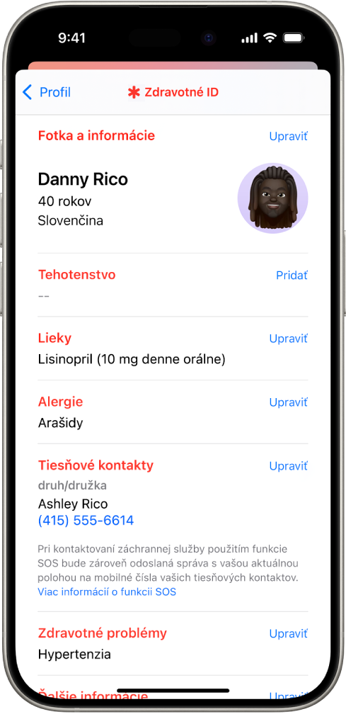 Obrazovka Zdravotné ID, ktorá obsahuje rôzne informácie, ako je napríklad dátum narodenia, lieky, alergie, tiesňové kontakty a zdravotný stav.