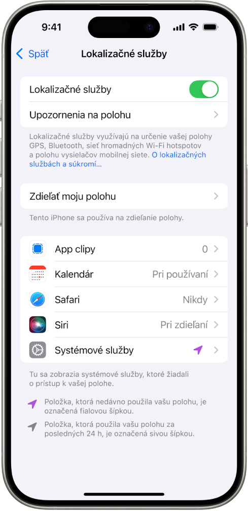 Obrazovka Lokalizačné služby s nastaveniami na zdieľanie polohy iPhonu s apkami.