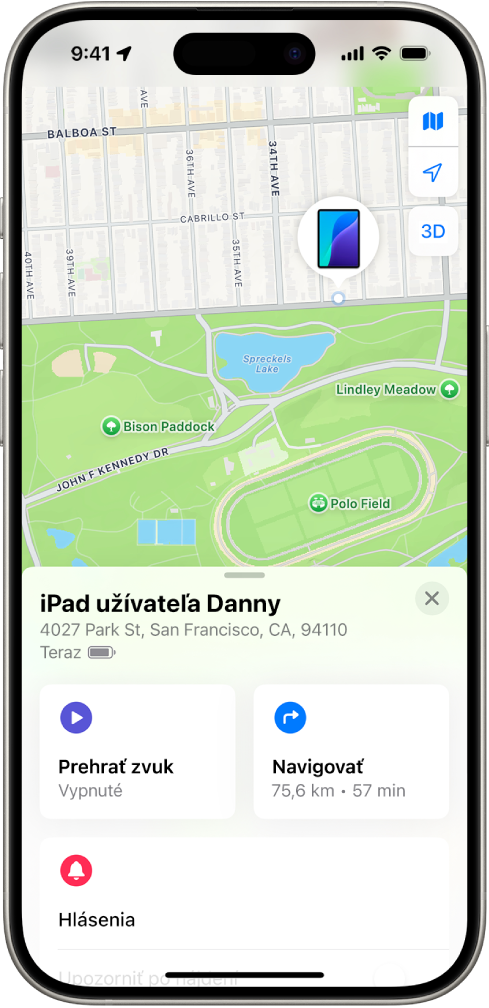 Obrazovka apky Nájsť zobrazujúca polohu iPadu na mape v hornej časti obrazovky.