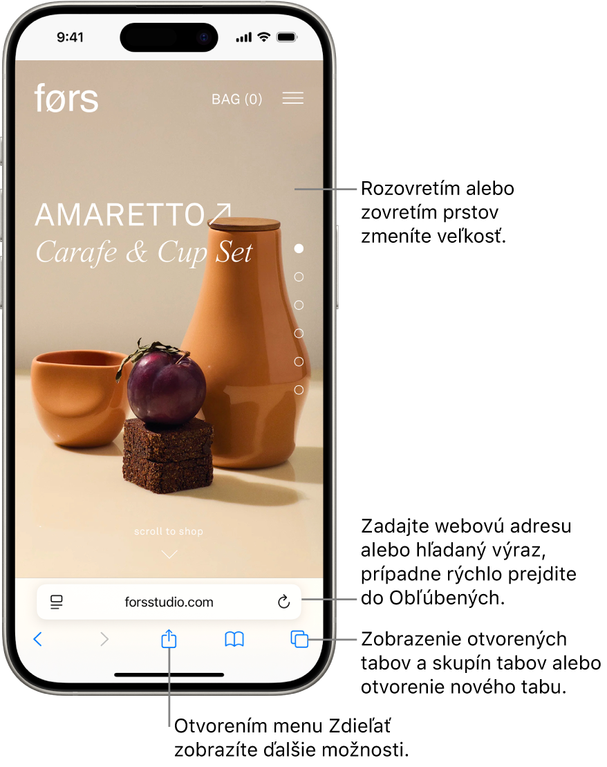 Webová stránka otvorená v Safari s poľom adresy dole. V dolnej časti sa zľava doprava zobrazujú tlačidlá Naspäť, Dopredu, Zdieľať, Záložky a Taby.
