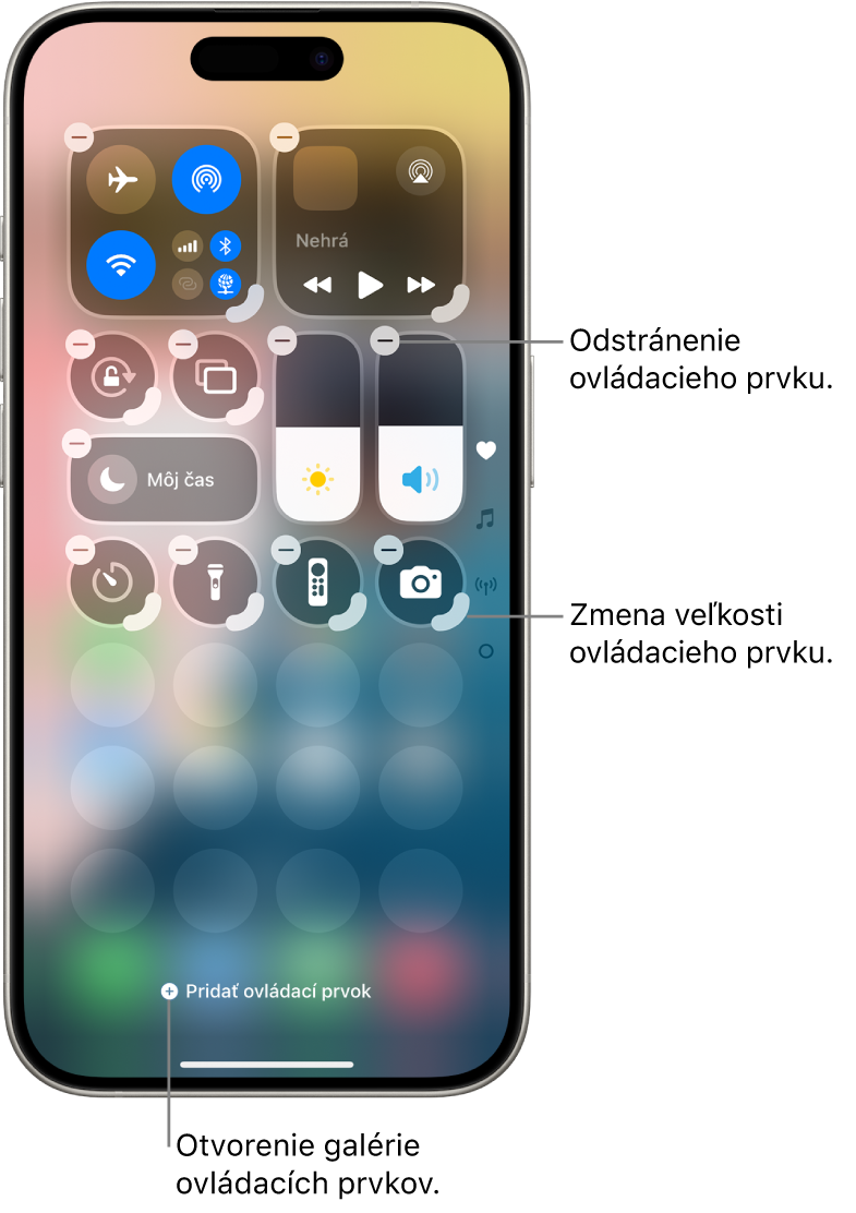 Upravované Ovládacie centrum s tlačidlom Odstrániť a úchytom na zmenu veľkosti na každom ovládacom prvku.