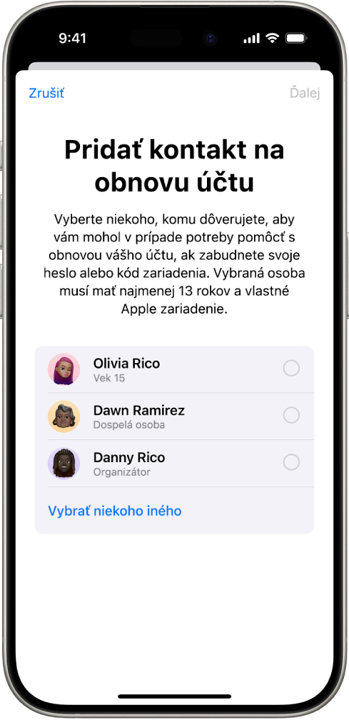 Obrazovka Pridať kontakt na obnovu účtu.