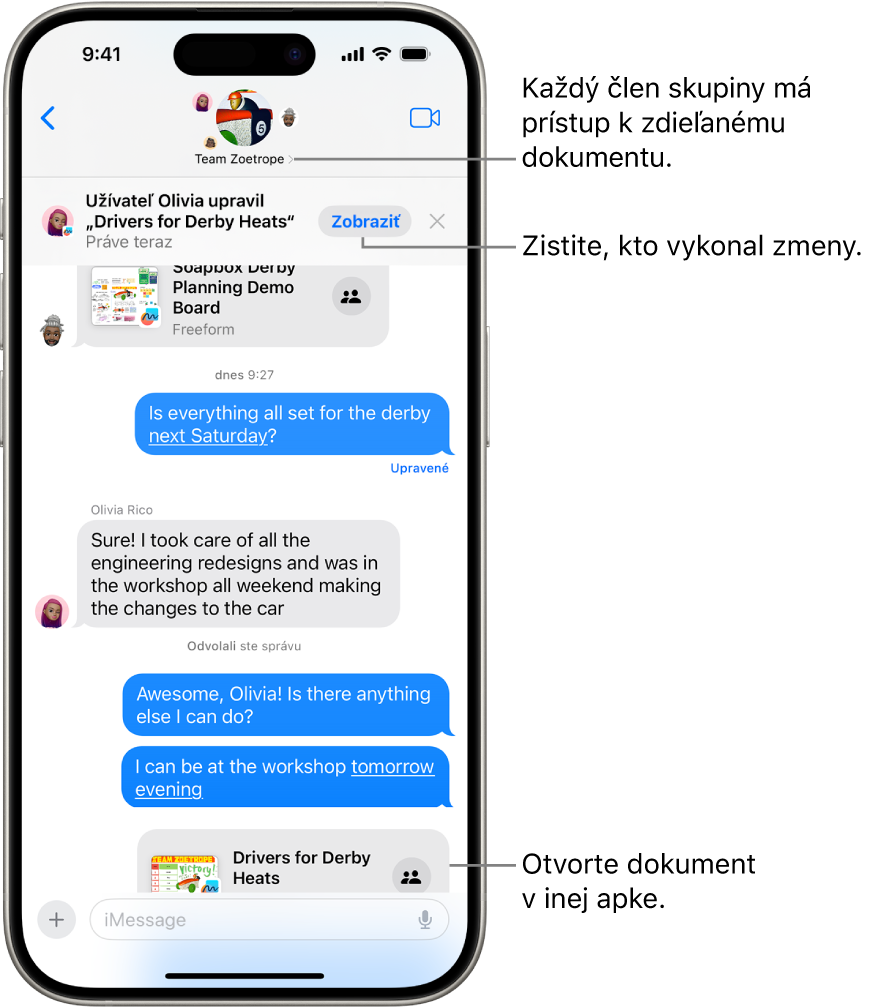 Skupinová konverzácia v apke Správy vrátane pozvánky na spoluprácu a aktualizácií v hornej časti okna konverzácie.