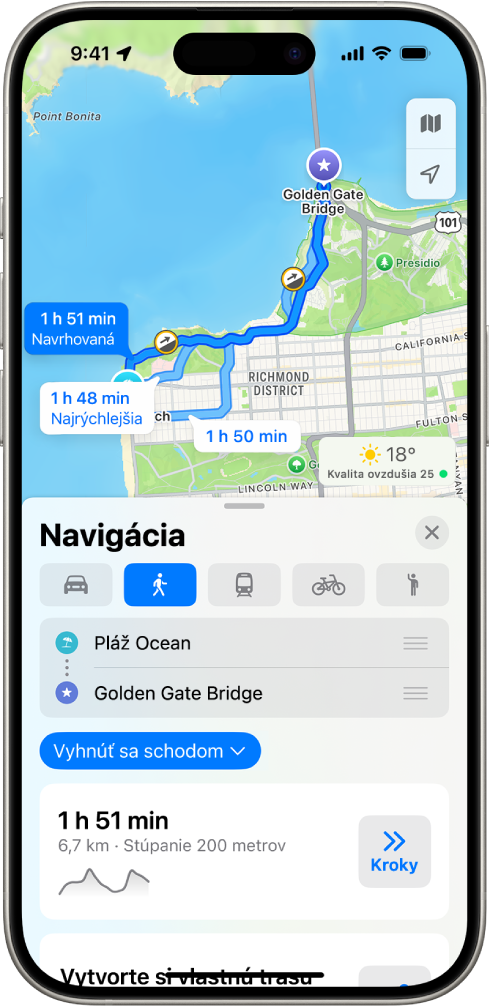 Mapa zobrazujúca pešiu trasu. Na karte trasy v dolnej časti sú uvedené podrobnosti trasy vrátane odhadovaného času cesty a zmien prevýšenia. Napravo od podrobností je tlačidlo Štart.