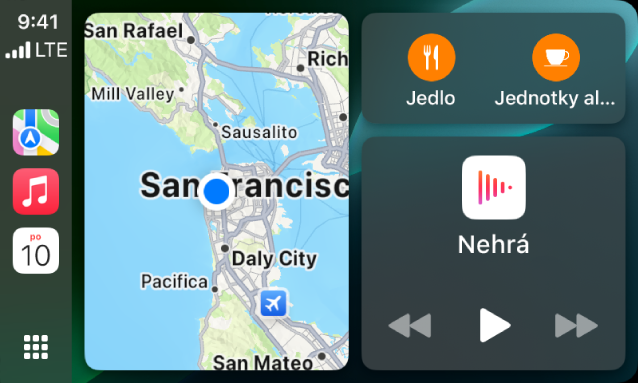 CarPlay infosystém zobrazujúci apky Mapy, Hudba a Správy na postrannom paneli. Napravo je mapa Apple parku, okno navigácie a okno Práve hrá.