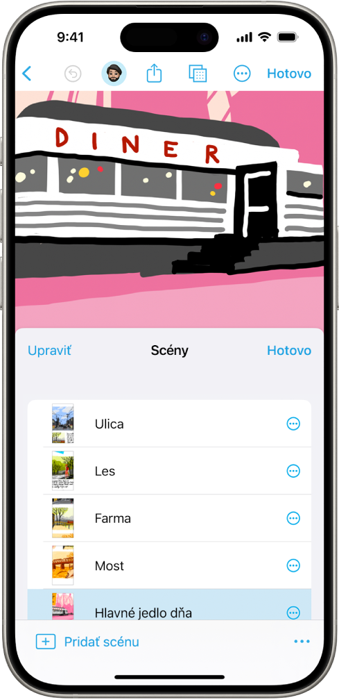 Scéna v apke Freeform s navigátorom scén v pravom dolnom rohu.