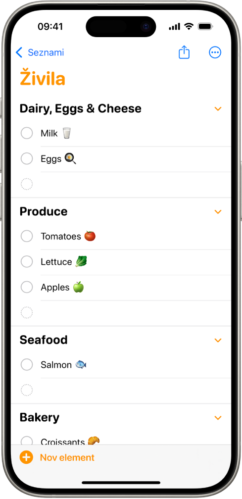 Seznam živil v aplikaciji Opomniki.